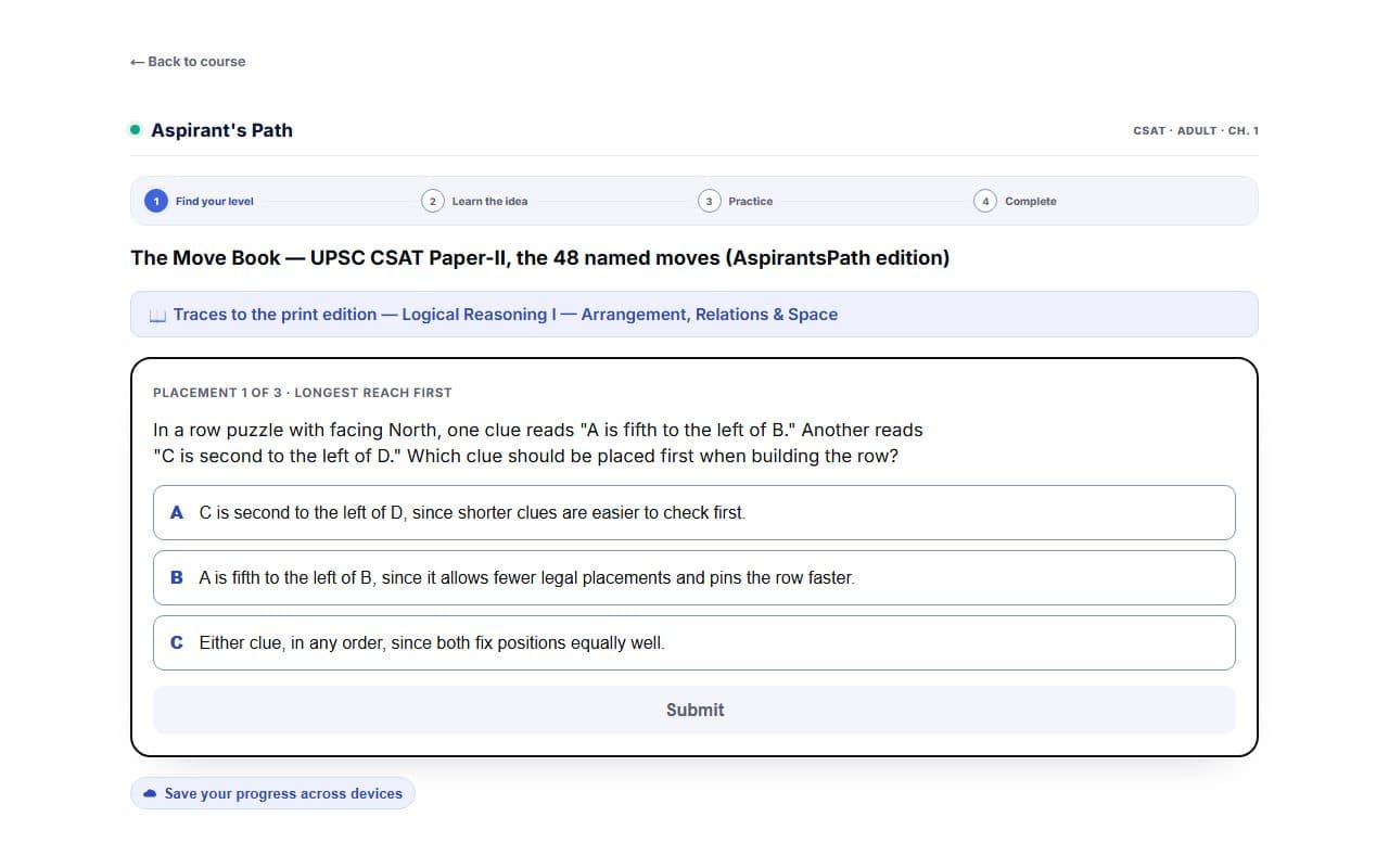 A CSAT Paper 2 logical-reasoning arrangement question, mid-answer on AspirantsPath