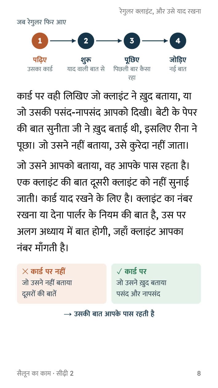A page from the Hindi salon-work book: four steps for what to do when a regular client returns