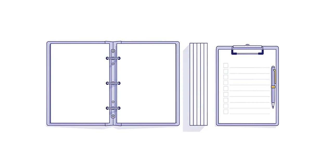 An open ring-binder beside a short stack of booklets and a clipboard holding a blank checklist with a pen clipped to it.