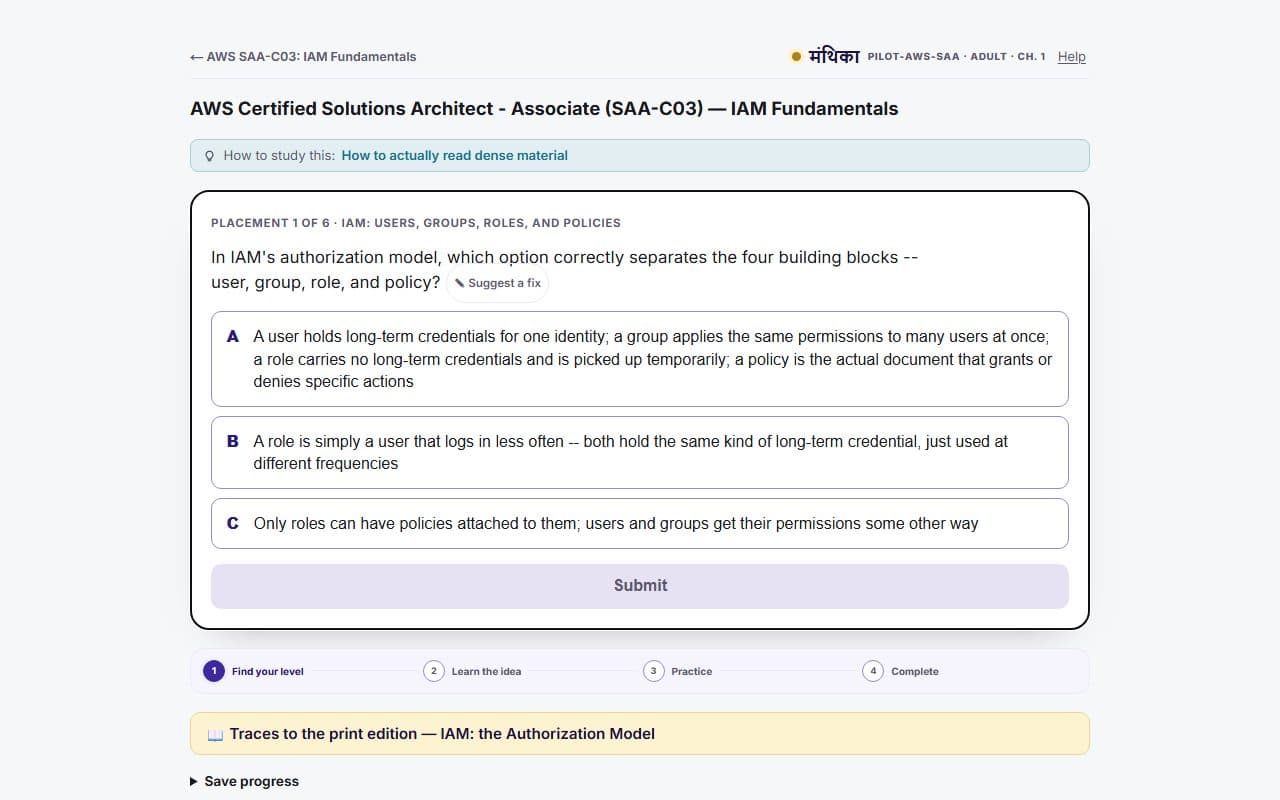 The IAM fundamentals sample topic on the certification-and-trade site, mid-lesson