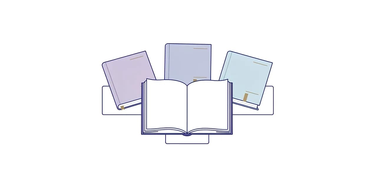 One open book at the centre with three closed books of different colours fanned around it like petals.