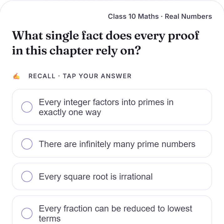 A Feed card on a phone: a question from Class 10 Mathematics chapter 1 with four answers to tap.