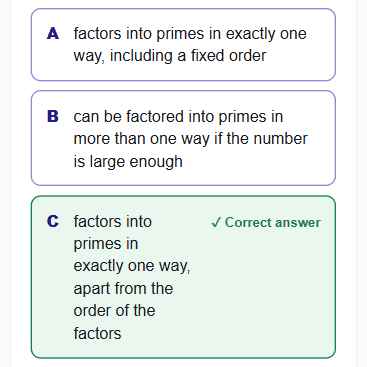 A lesson screen on a phone: a graded answer with the reason it is correct.