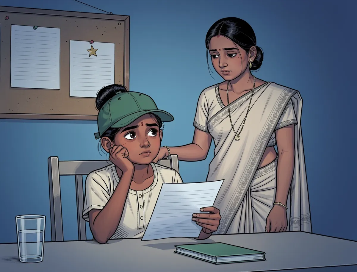 The same girl sits at a desk two weeks later with a fresh test paper in front of her and no star on it. The earlier starred paper is still pinned on the board behind her. Her expression is puzzled rather than upset.