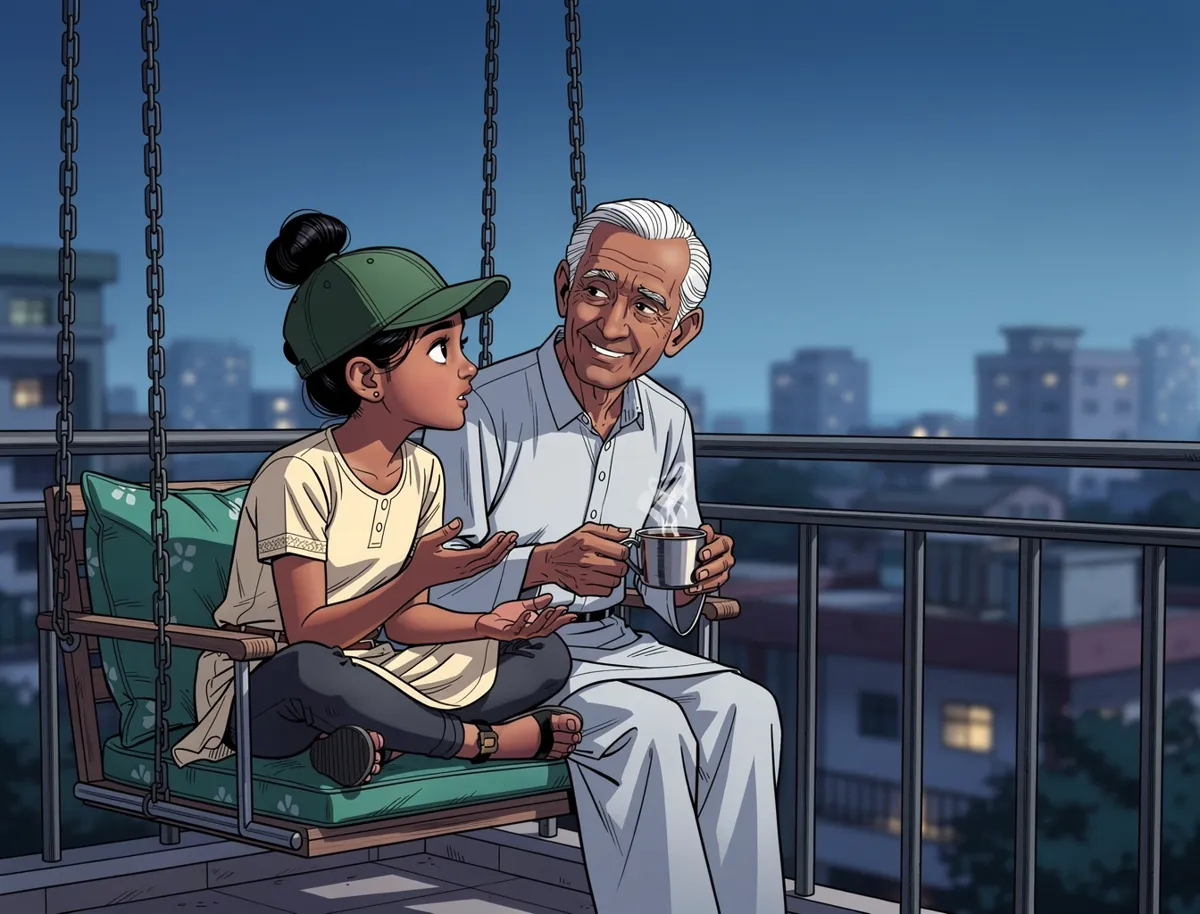 A girl of about eleven sits on the floor beside an older relative in an Indian home, listening while they talk. Evening light. Nobody in the picture is holding a book or a paper, and no words appear anywhere.