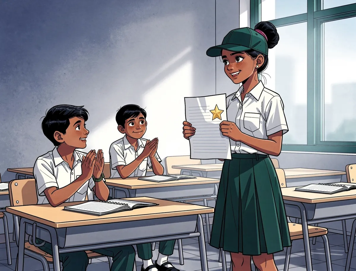 A girl of about eleven in a school classroom holds up a marked test paper with a gold star on it. She wears a forest-green cap and her hair is in a high bun. Other children at desks around her are turning to look. No writing is legible anywhere in the picture.