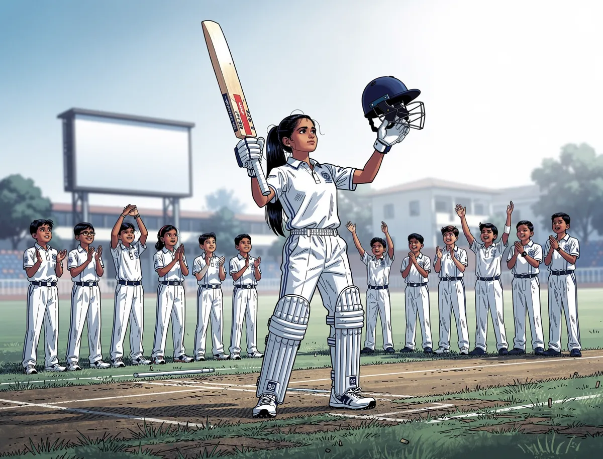 A schoolgirl cricketer on a dusty Indian ground raises her bat and helmet to the boundary after reaching a hundred. Teammates behind her are clapping. The scoreboard in the distance is blurred and unreadable.