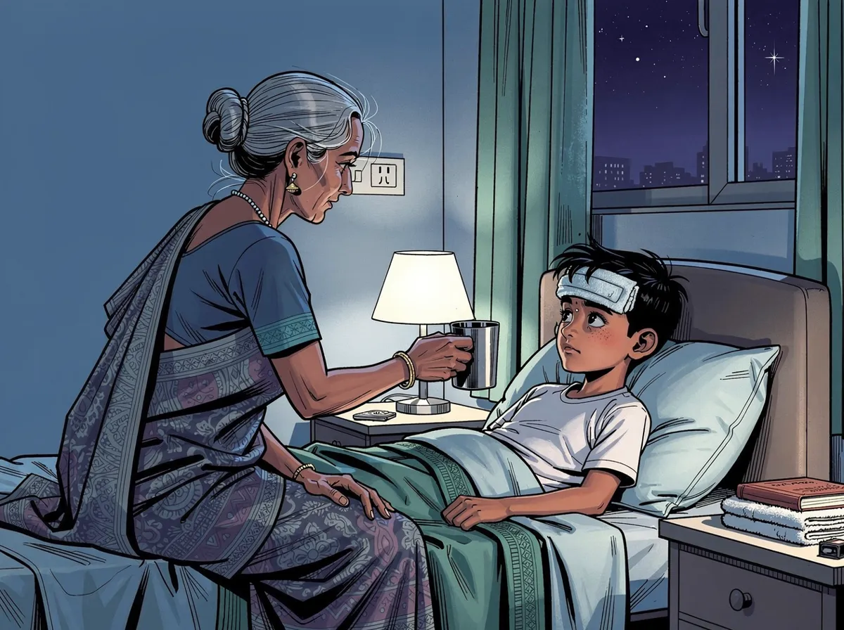 A dim bedroom at night in an Indian home. A boy lies under a blanket with a damp cloth on his forehead and an older woman sits beside the bed holding a steel tumbler. A single lamp lights the room. No words appear anywhere in the picture.