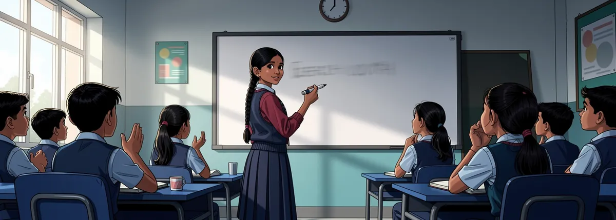 Meera at the whiteboard with a marker, turning back to the class after writing one short line, drawn only as a faint stroke. Classmates look up and nod.