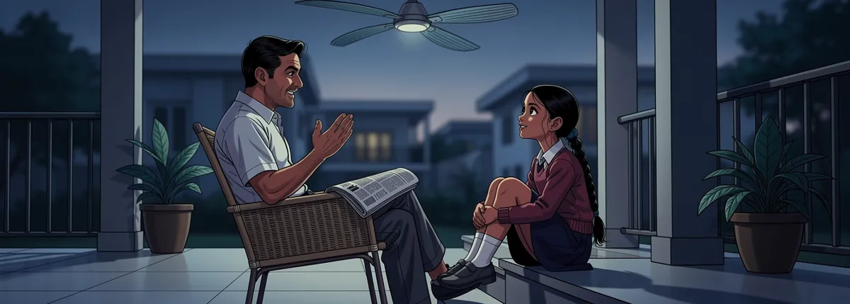 An uncle in a cane chair on a verandah makes a point with one hand raised, amused, while Meera sits on the step below, listening.