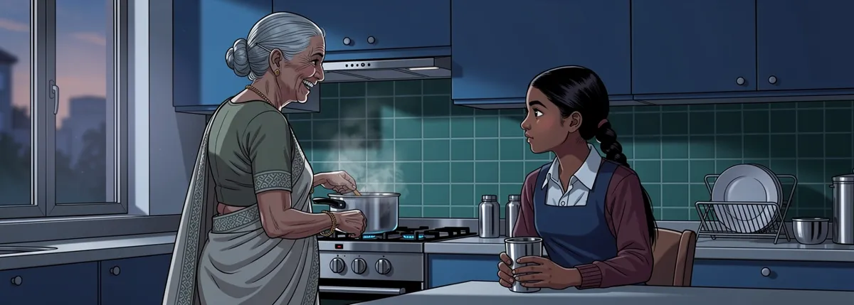 A grandmother at a kitchen stove laughs kindly over her shoulder at Meera, who sits on a stool at the counter listening.