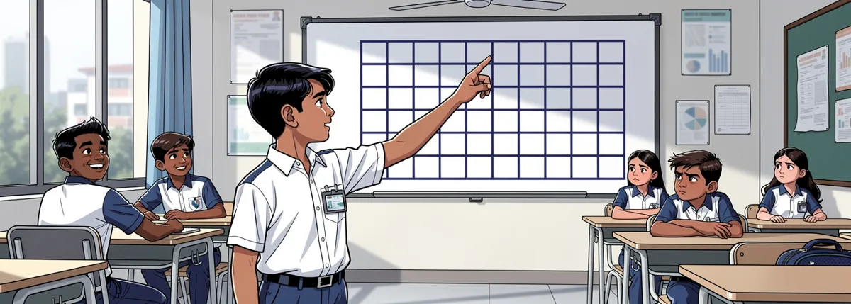 A class monitor at the whiteboard points to a square on a blank seating grid. Three boys by the window look pleased; children at the back look annoyed.