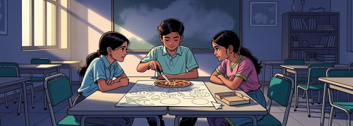 Three students sit around a pizza box after finishing a school project; a boy holds the knife while the two girls beside him look on, relaxed.
