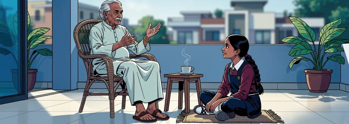 A grandfather speaks kindly from a wicker chair on a verandah while Meera listens, sitting on a mat near his feet.