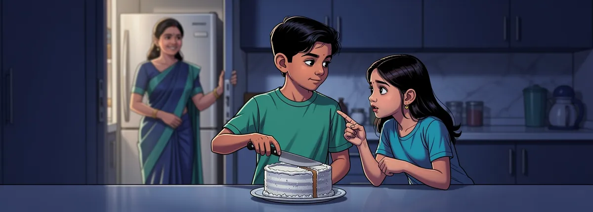 Golu cuts the cake carefully while Bunny waits, ready to point at whichever half she wants, an aunt watching approvingly from the doorway.