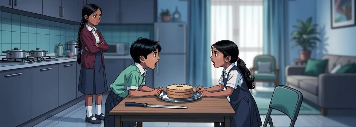Two young cousins reach for one cake and a knife at their grandparents’ house. Meera watches from a little apart, thinking.