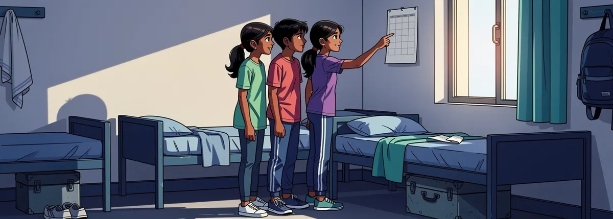 Three hostel roommates stand by the window bed, one pointing at a small calendar on the wall, all three looking satisfied.