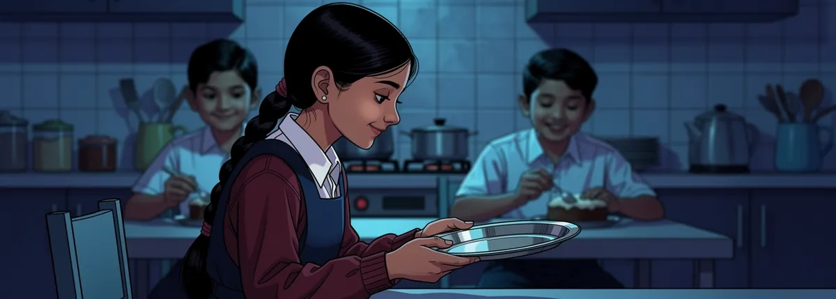 Meera turns an empty steel plate in her hands, thoughtful and pleased, Golu and Bunny visible eating contentedly in the background.