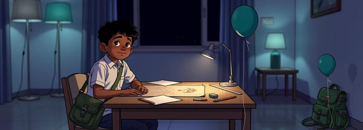 That evening, Kabir sits at a study table with an unfinished poster board, looking tired. A small balloon from the mela hangs on his school bag in the corner.