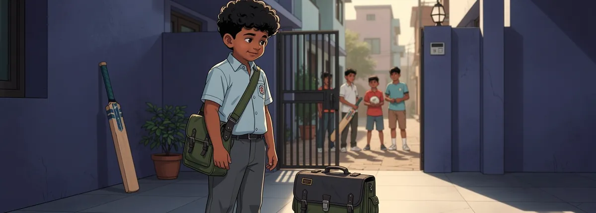 Kabir stands between a cricket bat and an open school bag, looking from one to the other. Boys wait for a match through the gate behind him.