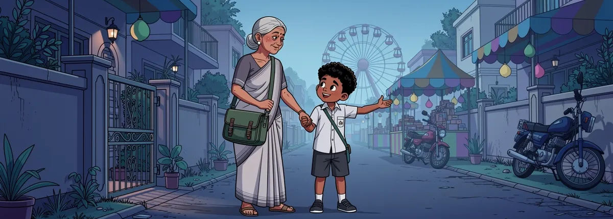Kabir’s Dadi holds his hand at the colony gate, pointing brightly toward the colourful mela stalls and a small Ferris wheel down the lane.