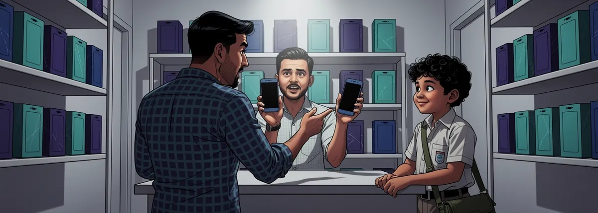 Kabir’s mamu holds up two phones in a small phone shop, an exasperated expression, speaking to the shopkeeper. Kabir watches beside him.