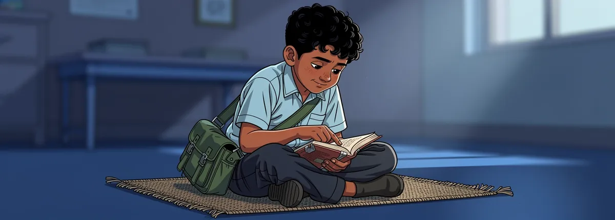 Kabir sits with his small battered dictionary open on his knees, one finger tracing down a page, thinking hard.