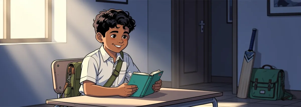 Kabir closes his small battered dictionary with a satisfied smile, his cricket bat and school bag both ready by the door.
