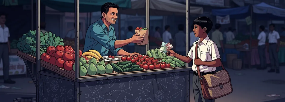 A vendor hands over a bag of fruit; a customer hands over payment. Both are smiling. Aarav watches from the side.