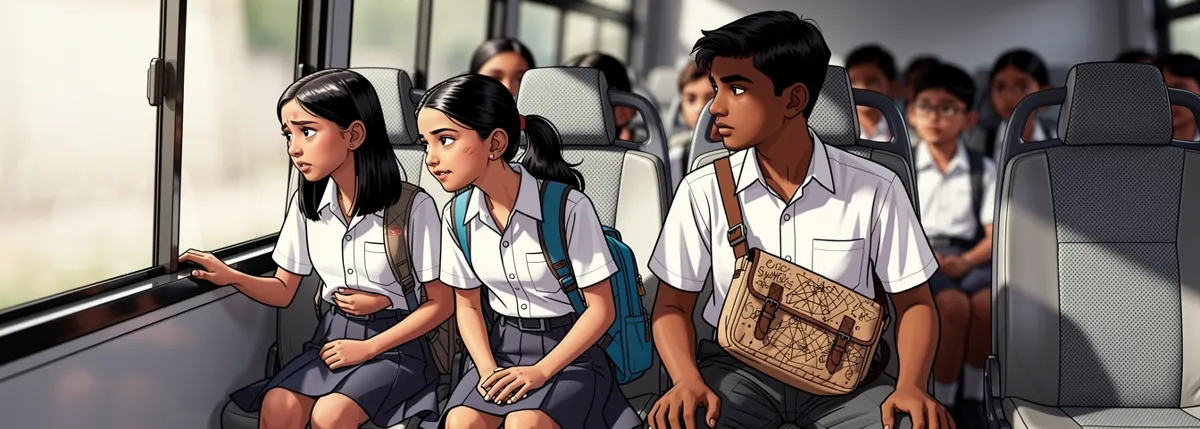 A girl by the bus window looks queasy. Beside her on the aisle, another girl leans toward the window, wanting it. Aarav watches from a few rows back.