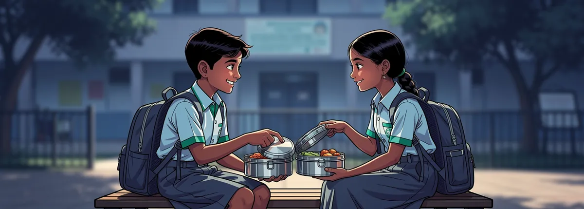 Two classmates mid-handoff of their open tiffin boxes at a lunch bench, both smiling.