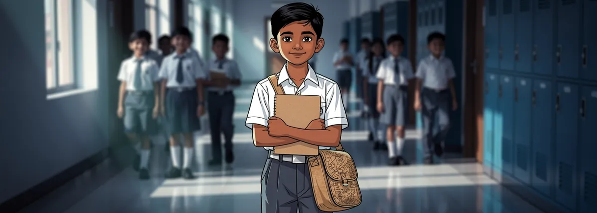 Aarav in a school corridor holding his closed notebook against his chest, quietly satisfied, classmates blurred behind him.