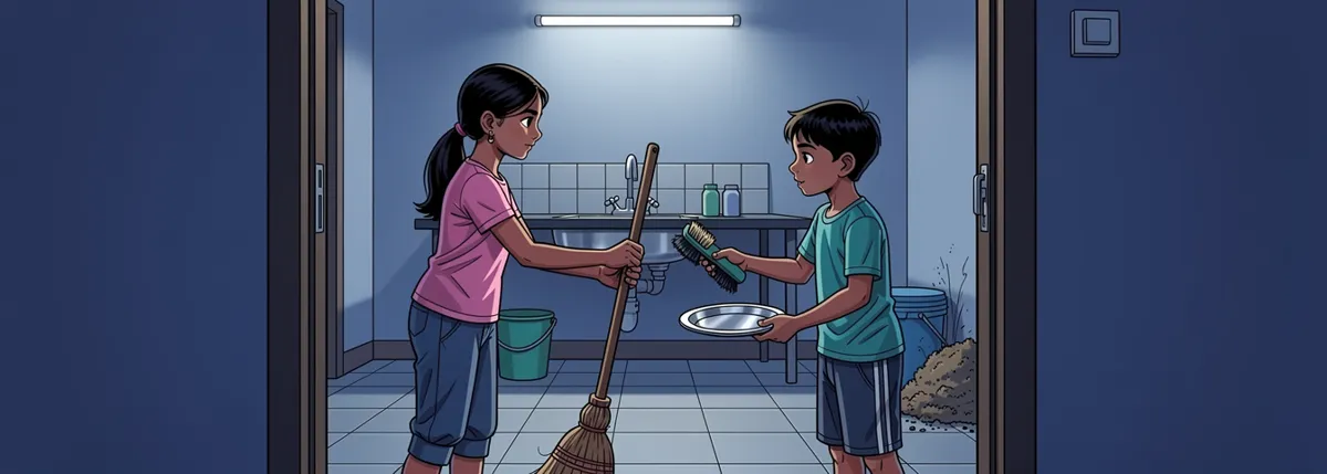 A girl hands a broom to her brother; he hands her a scrubbing brush and a plate, in the same motion, neither one annoyed.