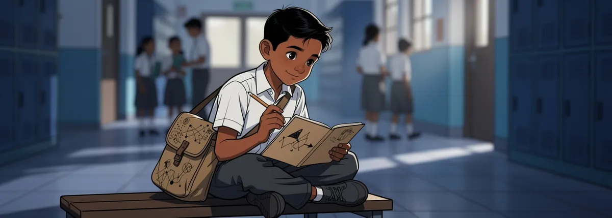 Aarav on a corridor bench, his kraft-paper notebook open, two small sketches joined by an arrow, studying the page.