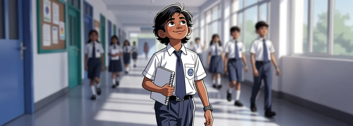 Arjun walks down a school corridor between classes, notebook under his arm, turning an idea over with a thoughtful half-smile.