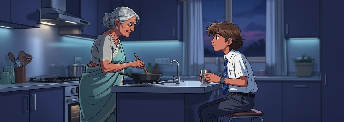 A grandmother at a stove looks kindly over her shoulder at Arjun, who sits on a step-stool listening.