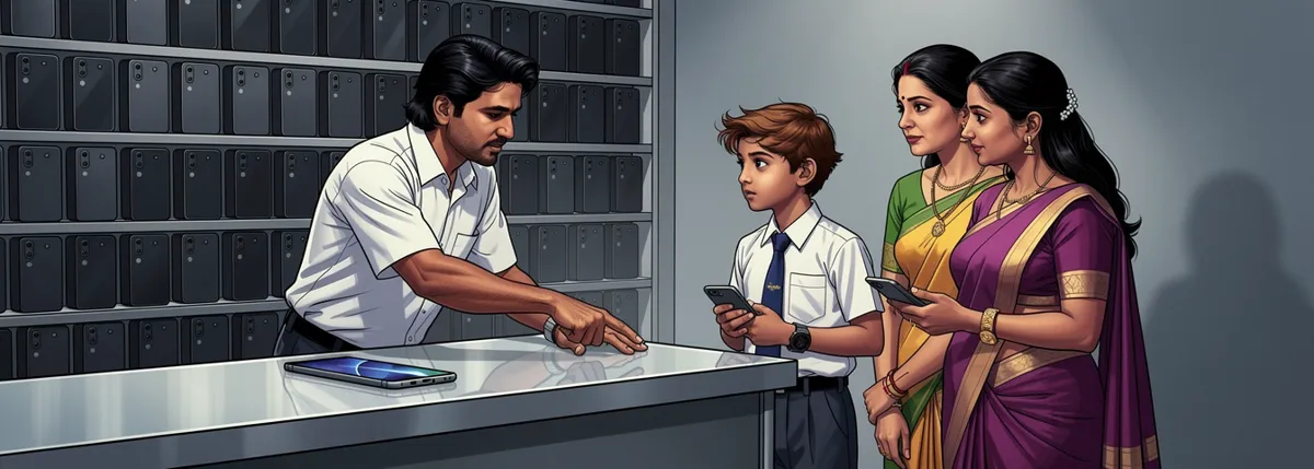 A phone-shop assistant points to the largest phone on display while a customer holds a smaller one, looking uncertain. Arjun watches the assistant’s pointing hand.