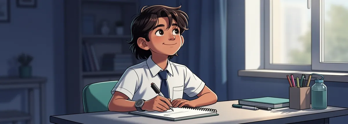 Arjun at his desk, having just written one short line in his notebook, drawn only as a faint stroke, looking up with quiet satisfaction.