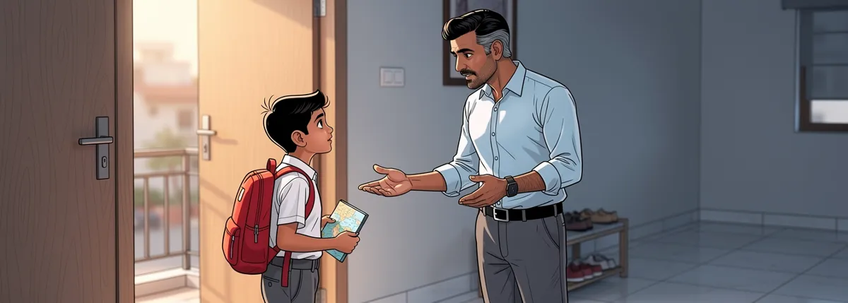 Dhruv’s father stands relaxed by the front door, telling Dhruv, backpack on and atlas in hand, not to leave early.