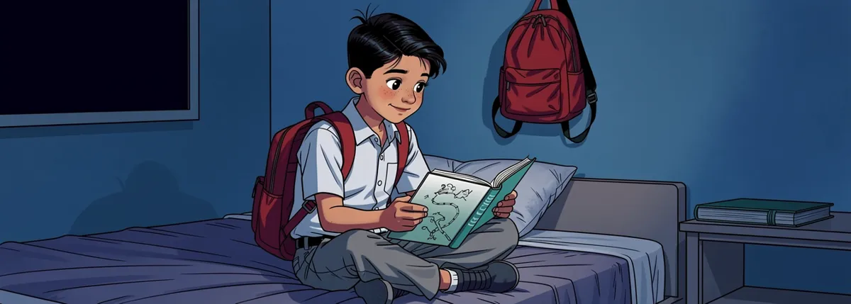 Dhruv sits cross-legged on his bed in the evening, tracing a route in his pocket atlas, thoughtful and pleased, his backpack hanging on the wall.