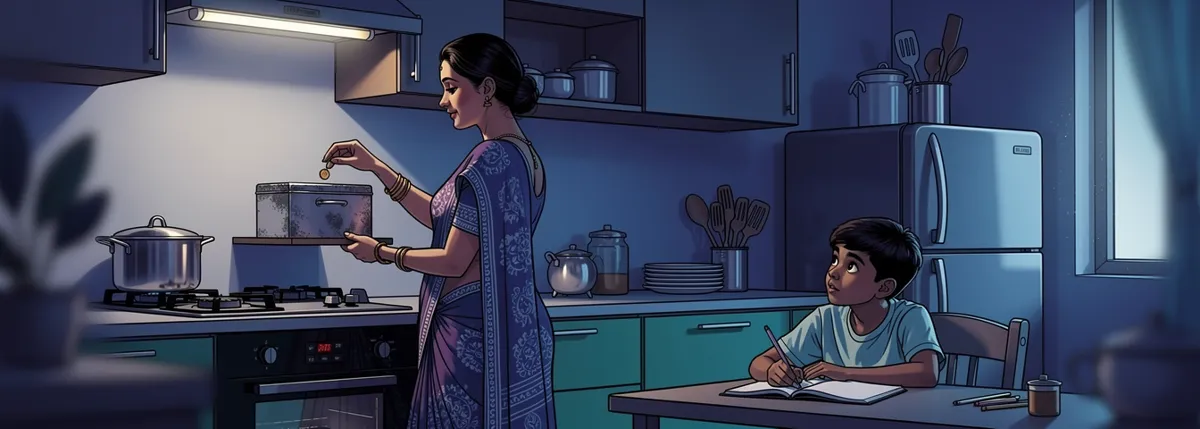 Naveen’s mother drops a coin into a small tin box on a kitchen shelf in the evening, while Naveen does homework at the table nearby.