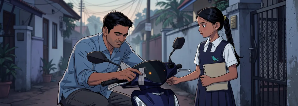 Sunil crouches by his scooter, pressing a strip of tape over the glowing dot on its dashboard. Nila watches from the gate with her notebook under her arm.
