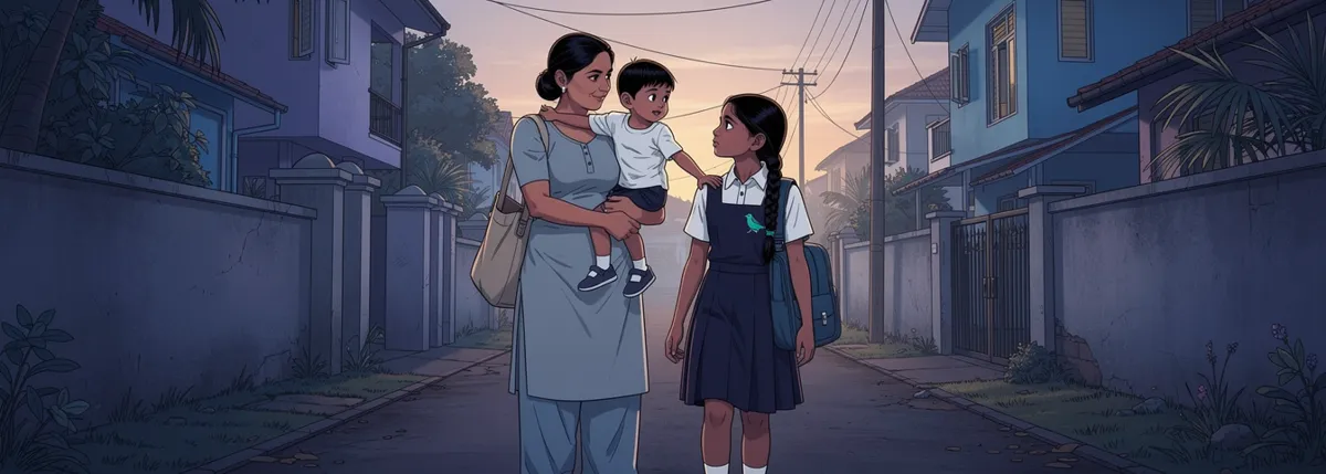 Amma walks down the lane in the early morning carrying Ammu on her hip, a cloth bag on her shoulder. Nila walks beside them, looking up at him.