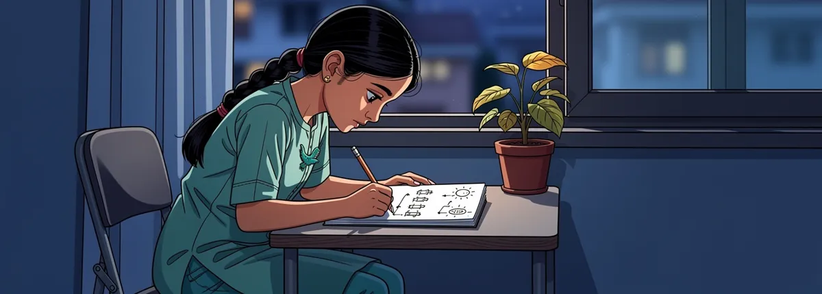 Nila sits at a table by the window, drawing in her notebook. A column of little lamps on the left, a column of small blocks on the right, an arrow between each pair.