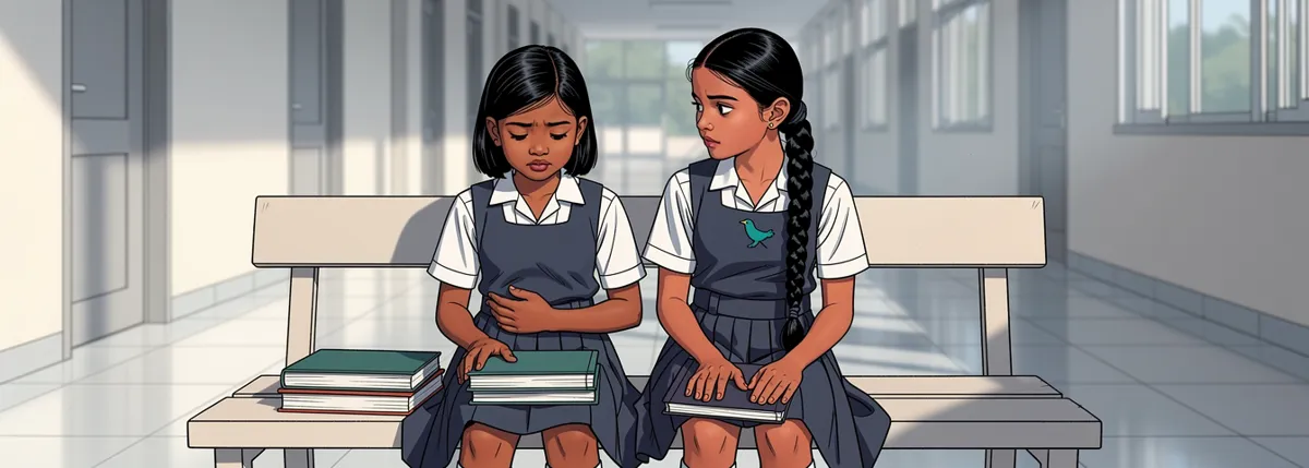 Anjali sits on a corridor bench beside a stack of closed books, one hand pressed to her stomach, staring at them. Nila sits next to her, listening.