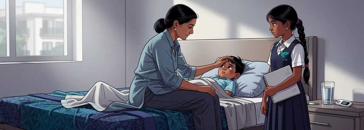 Amma sits on the edge of Ammu’s bed with her palm on his forehead. Nila stands at the foot of the bed with her notebook under her arm, watching.