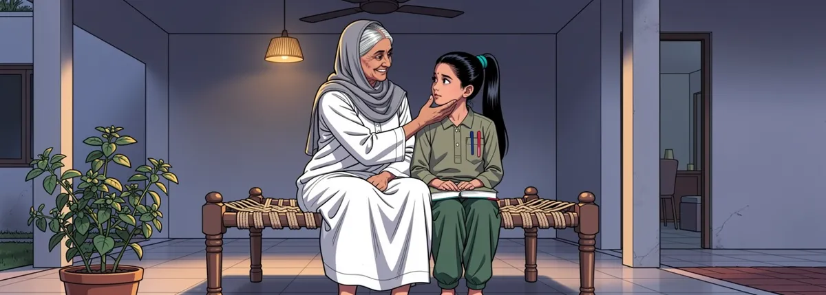 Biji sits on the veranda charpai, smiling, patting Ananya’s cheek. Ananya sits beside her with her book closed in her lap, not yet sure.