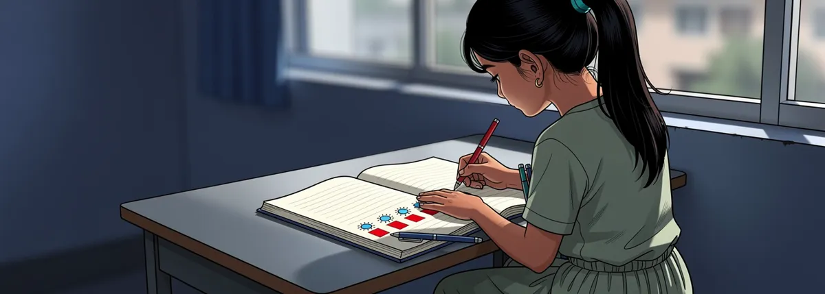 Over Ananya’s shoulder: her old paperback open on the table, the red pen in her hand. In the margin, two rows of little blue lamps with rays, and under each a small red box.