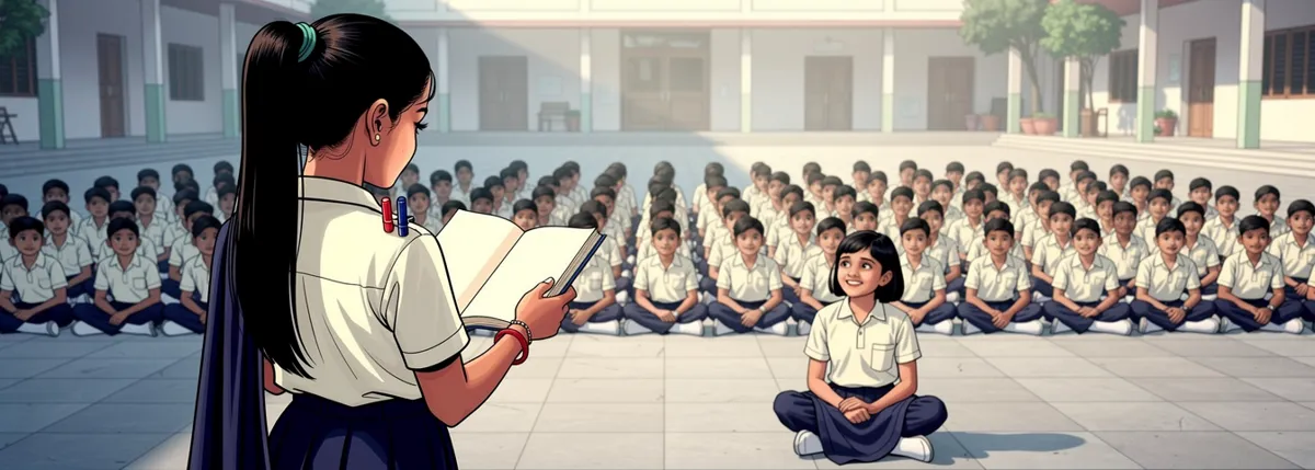 From behind Ananya at the front of the next assembly, her book open, her shoulders level, reading to the rows of seated children. Simran sits in the front row, looking up.