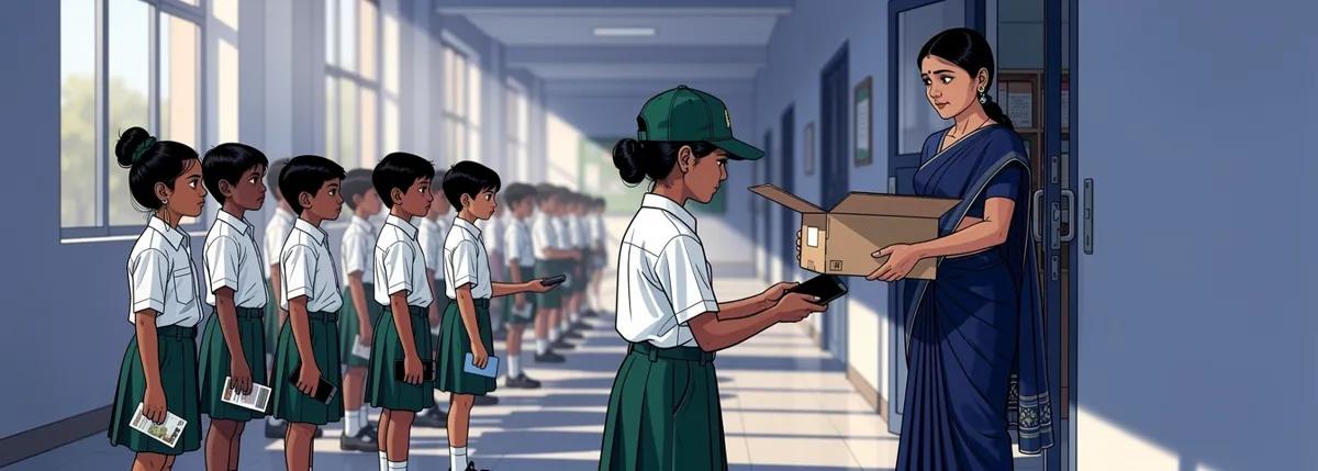 A teacher holds an open box by a classroom door while children in a line drop phones into it. Tara stands in the line with her card, watching.